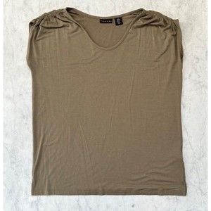 Tahari Women's Medium Olive Green Ribbed/Gathered Shoulder Sleevless Blouse Top